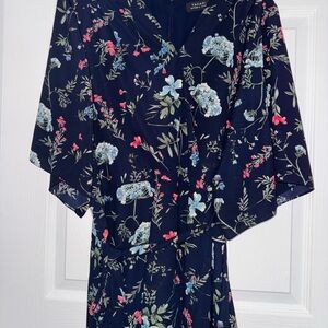 Tahari Navy Floral Dress with kimono sleeves and tie waste
